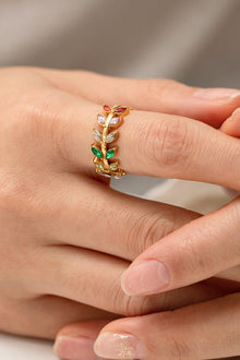  Zircon 18K Gold-Plated Leaf Open Ring