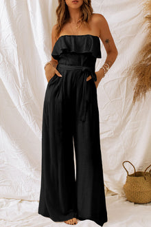  Tie-Waist Ruffled Strapless Wide Leg Jumpsuit