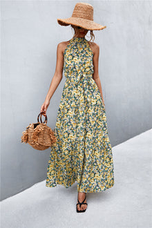  Printed Sleeveless Tie Waist Maxi Dress