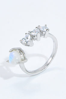  Natural Moonstone and Zircon Heart Open Ring