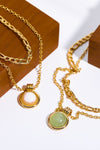 Copper 14K Gold Pleated Round Shape Aventurine Pendant Necklace