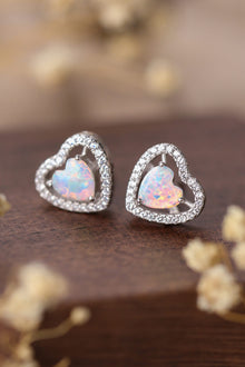  925 Sterling Silver Opal Heart Stud Earrings