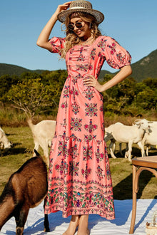  Floral Ruched Puff Sleeve Tiered Maxi Dress