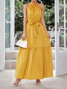  Belted Grecian Neck Tiered Maxi Dress