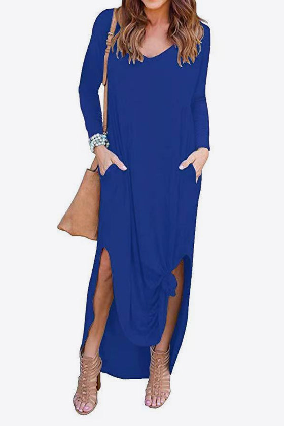 Split Long Sleeve V-Neck Maxi Dress