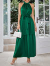 Belted Grecian Neck Tiered Maxi Dress