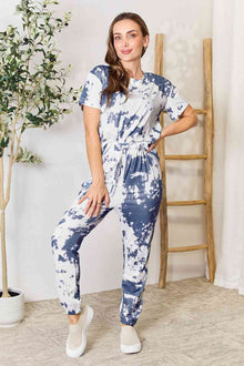  Double Take Tie-Dye Tee and Drawstring Waist Joggers Lounge Set