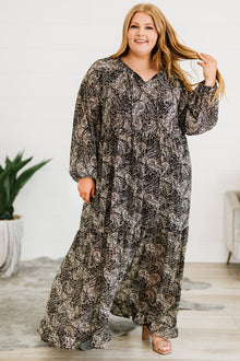  Plus Size Paisley Print Balloon Sleeve Maxi Dress