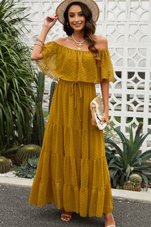  Swiss Dot Off-Shoulder Tiered Maxi Dress