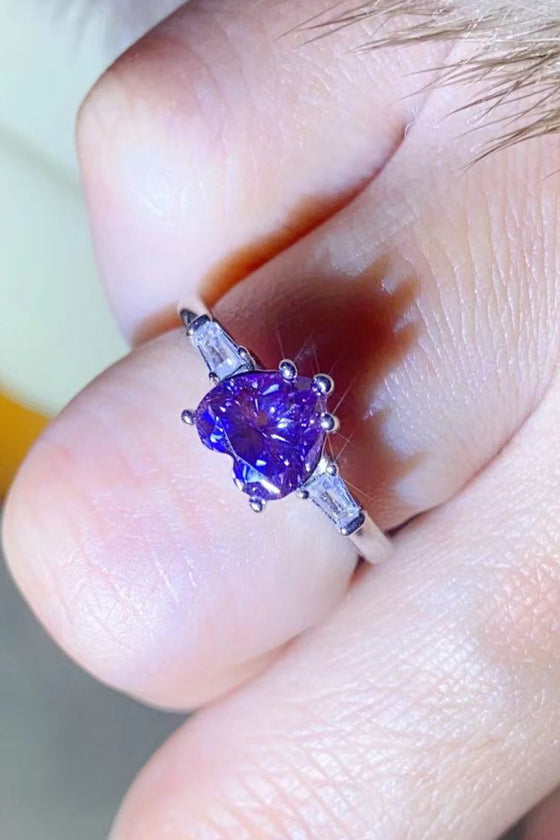 1 Carat Moissanite Heart-Shaped Platinum-Plated Ring in Purple