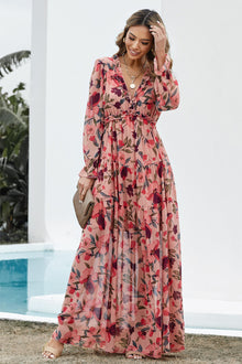  Floral Frill Trim Flounce Sleeve Plunge Maxi Dress